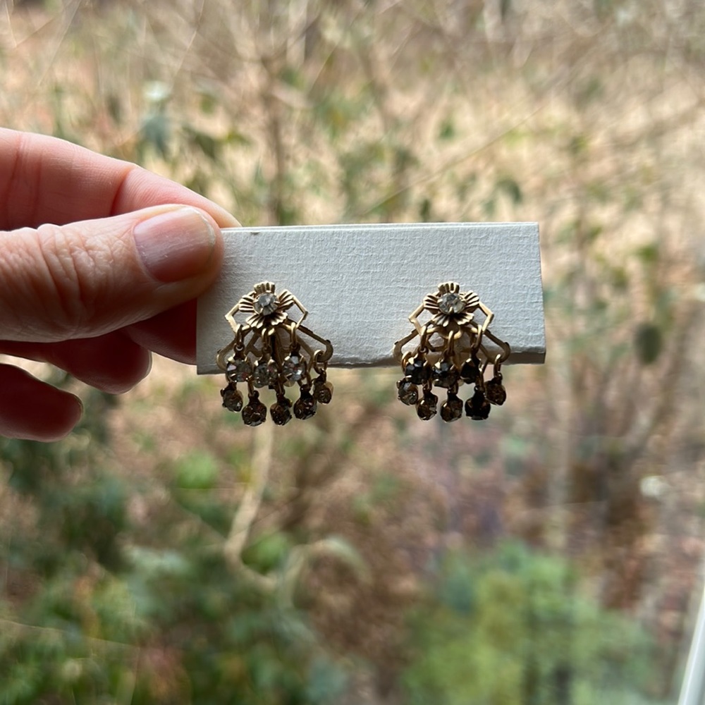 Vintage Czech Glass Gold toned Clip Back Earrings Bridal
